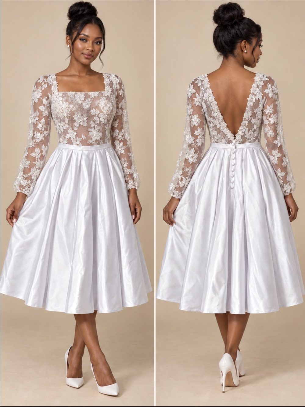Ivory Lace Bodice Midi Dress with Satin Full Skirt